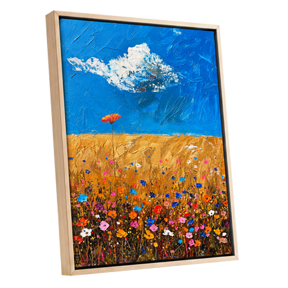 Wildflowers Under Azure, blue, gold, pink floral wall art shown as a oak framed canvas wall art