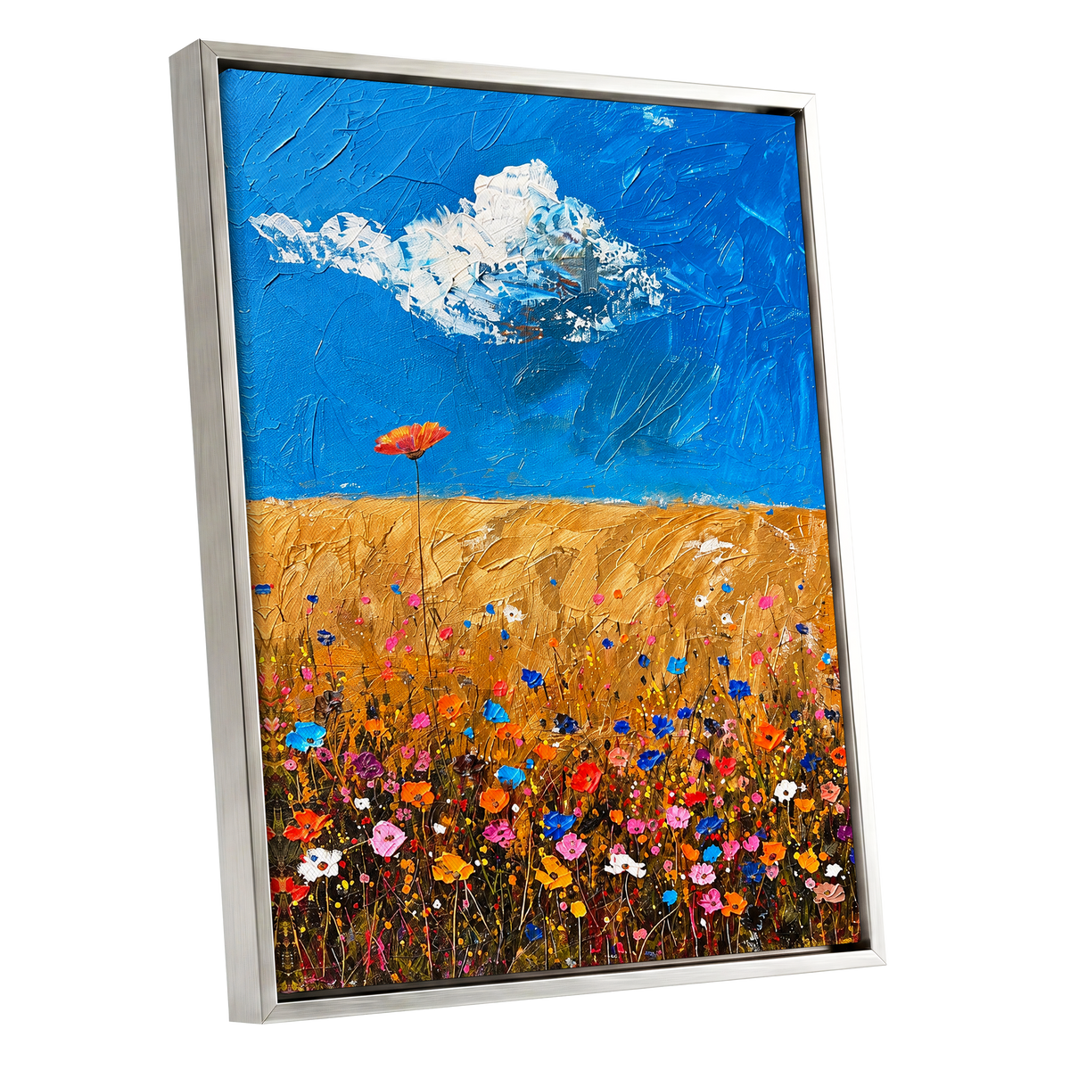Wildflowers Under Azure, blue, gold, pink floral wall art shown as a silver framed canvas wall art