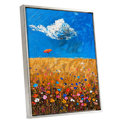 Wildflowers Under Azure, blue, gold, pink floral wall art shown as a silver framed canvas wall art