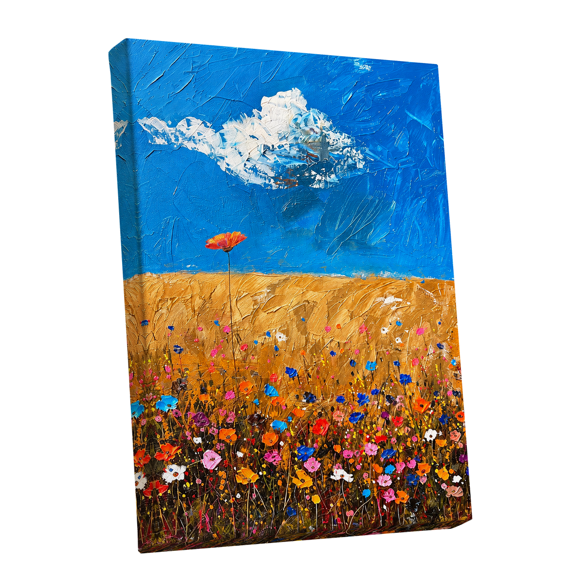 Wildflowers Under Azure, blue, gold, pink floral wall art shown as a stretched canvas wall art