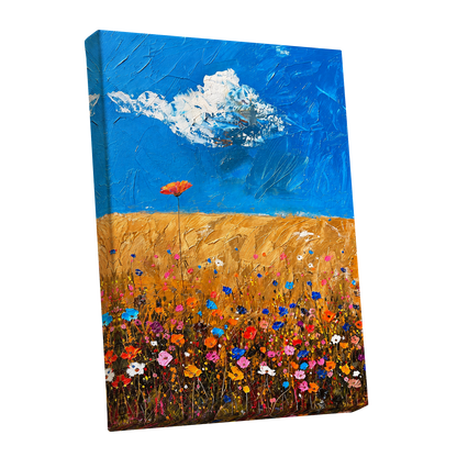 Wildflowers Under Azure, blue, gold, pink floral wall art shown as a stretched canvas wall art