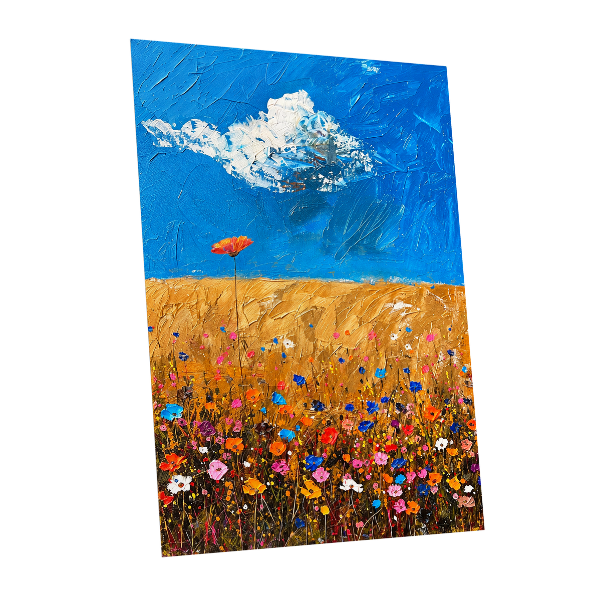 Wildflowers Under Azure, blue, gold, pink floral wall art shown as a unframed poster wall art print