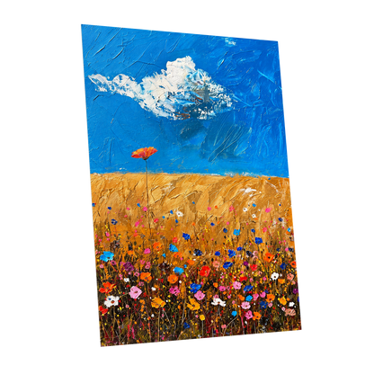 Wildflowers Under Azure, blue, gold, pink floral wall art shown as a unframed poster wall art print