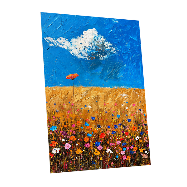 Wildflowers Under Azure, blue, gold, pink floral wall art shown as a unframed poster wall art print