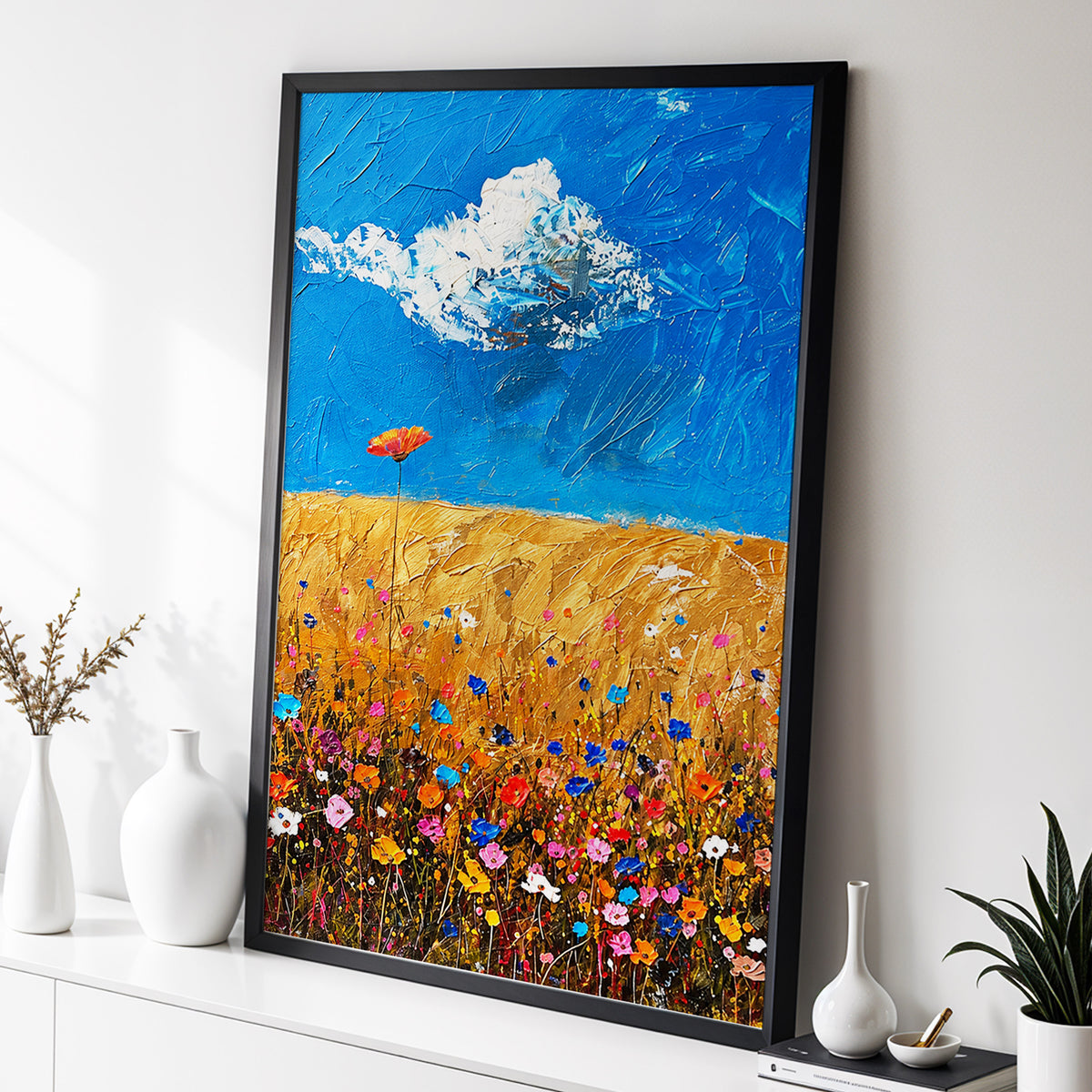 Wildflowers Under Azure, blue, gold, pink floral wall art displayed in a styled interior, gallery view 2