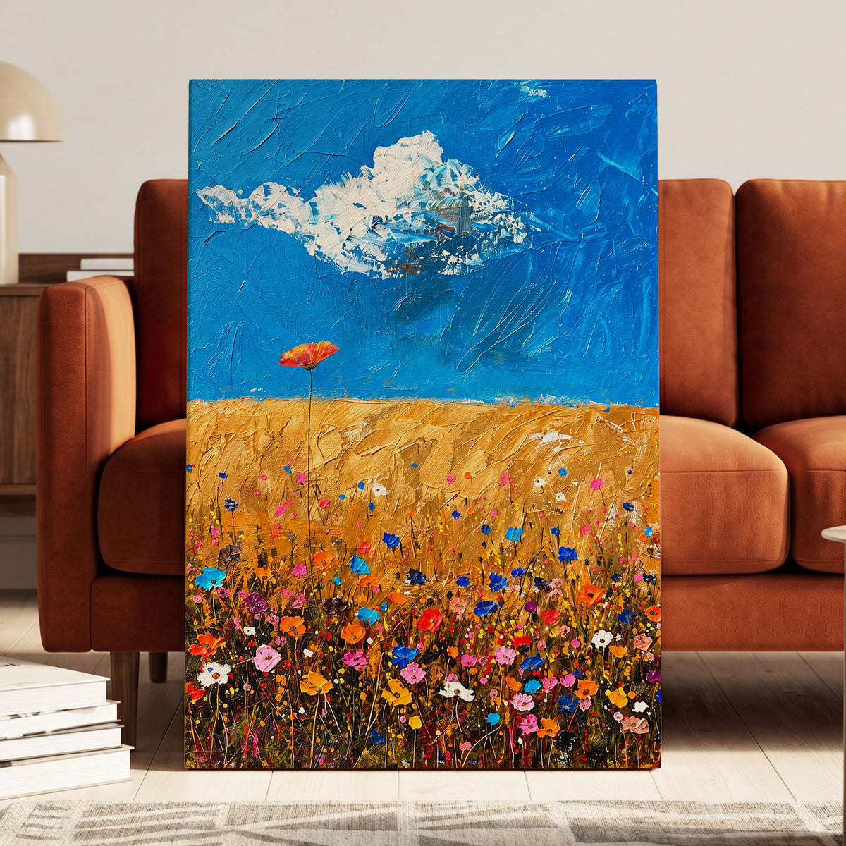 Wildflowers Under Azure, blue, gold, pink floral wall art displayed in a styled interior, gallery view 3