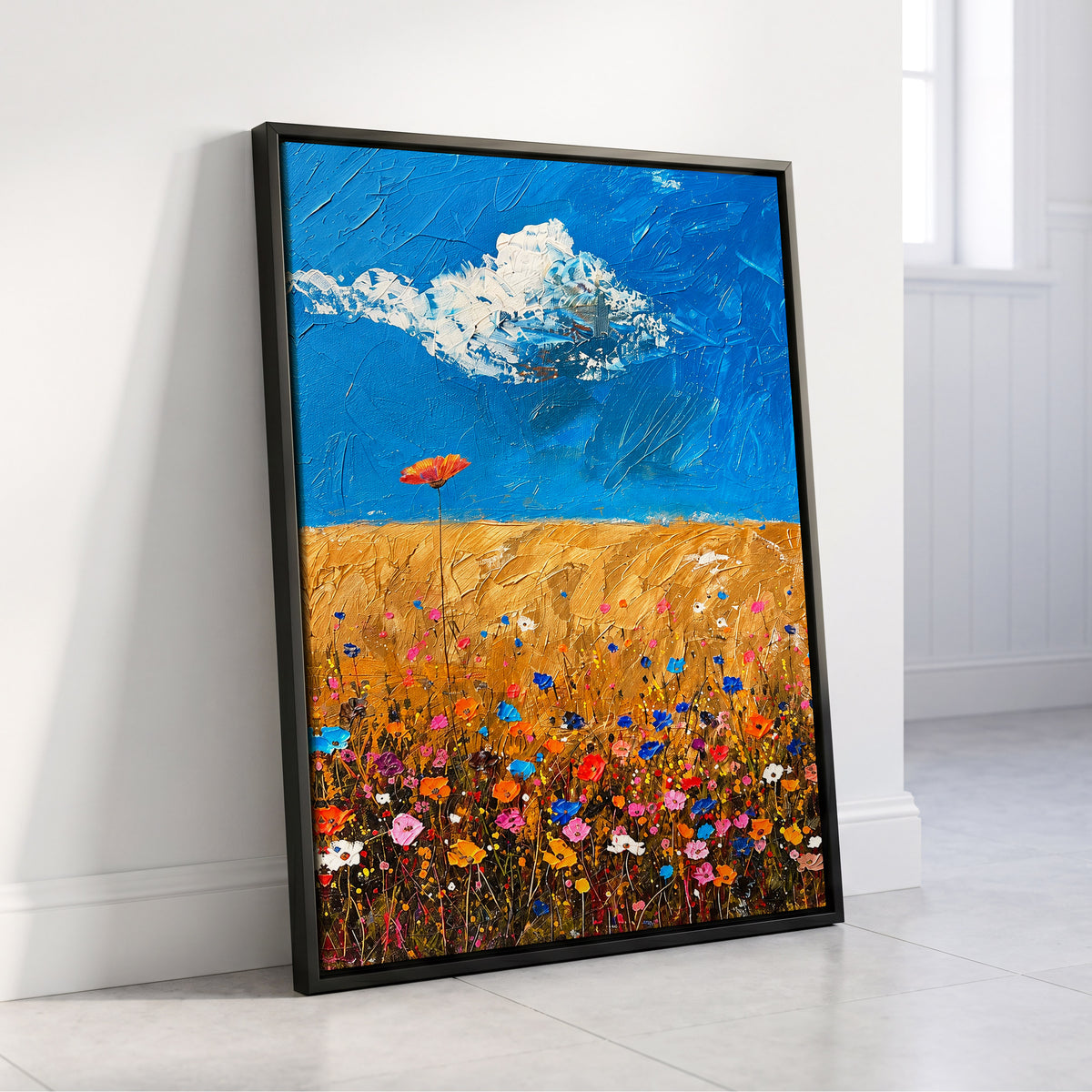 Wildflowers Under Azure, blue, gold, pink floral wall art displayed in a styled interior, gallery view 4