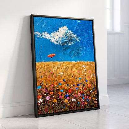 Wildflowers Under Azure, blue, gold, pink floral wall art displayed in a styled interior, gallery view 4