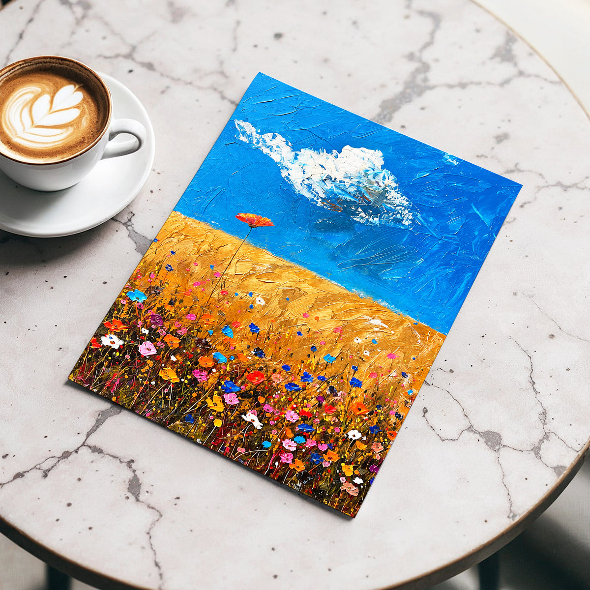 Wildflowers Under Azure, blue, gold, pink floral wall art displayed in a styled interior, gallery view 5