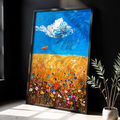 Wildflowers Under Azure, blue, gold, pink floral wall art displayed in a styled interior, gallery view 6