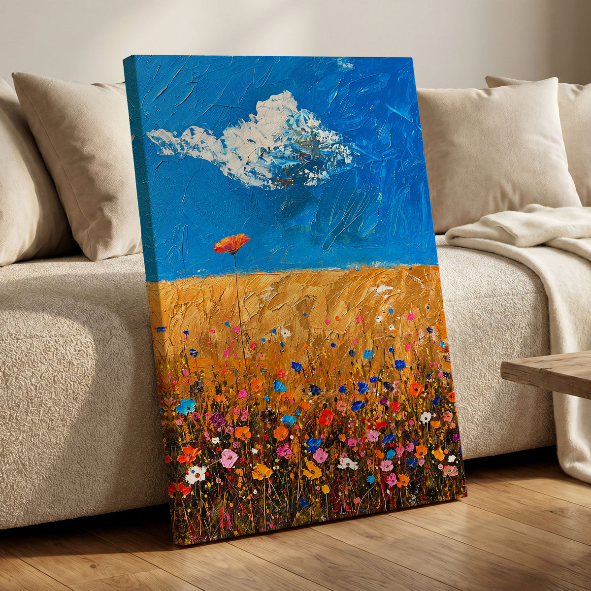 Wildflowers Under Azure, blue, gold, pink floral wall art displayed in a styled interior, gallery view 7