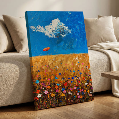 Wildflowers Under Azure, blue, gold, pink floral wall art displayed in a styled interior, gallery view 7