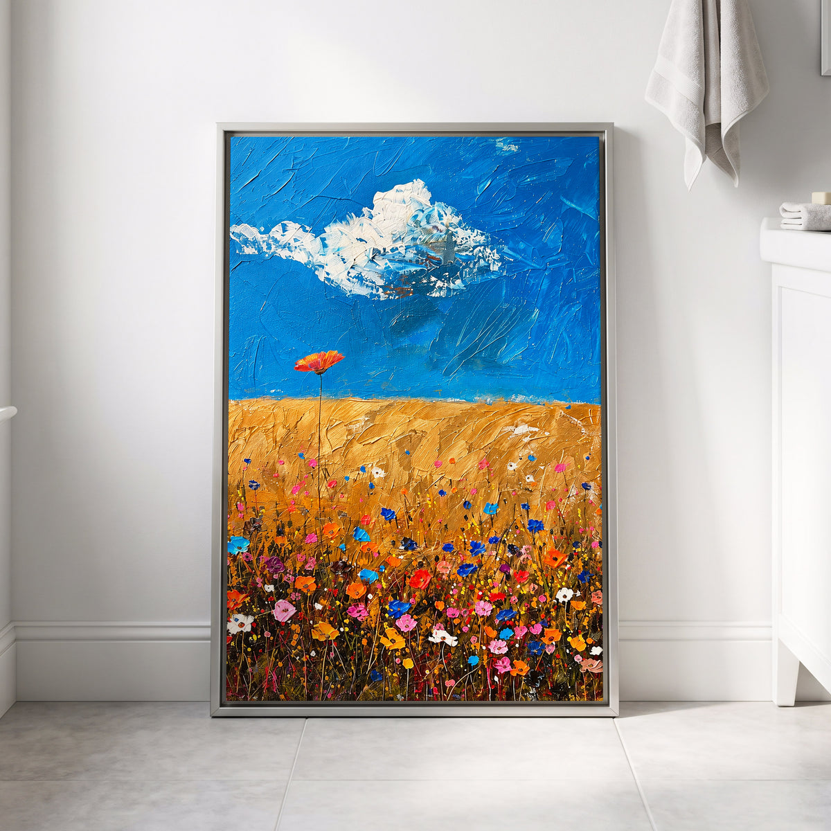 Wildflowers Under Azure, blue, gold, pink floral wall art displayed in a styled interior, gallery view 8