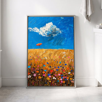 Wildflowers Under Azure, blue, gold, pink floral wall art displayed in a styled interior, gallery view 8