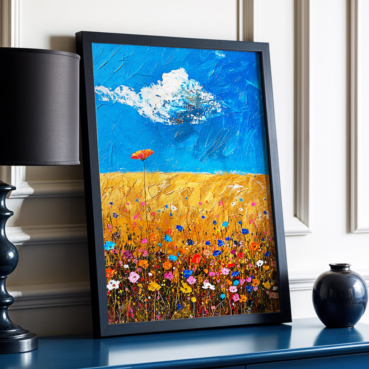 Wildflowers Under Azure, blue, gold, pink floral wall art displayed in a styled interior, gallery view 9