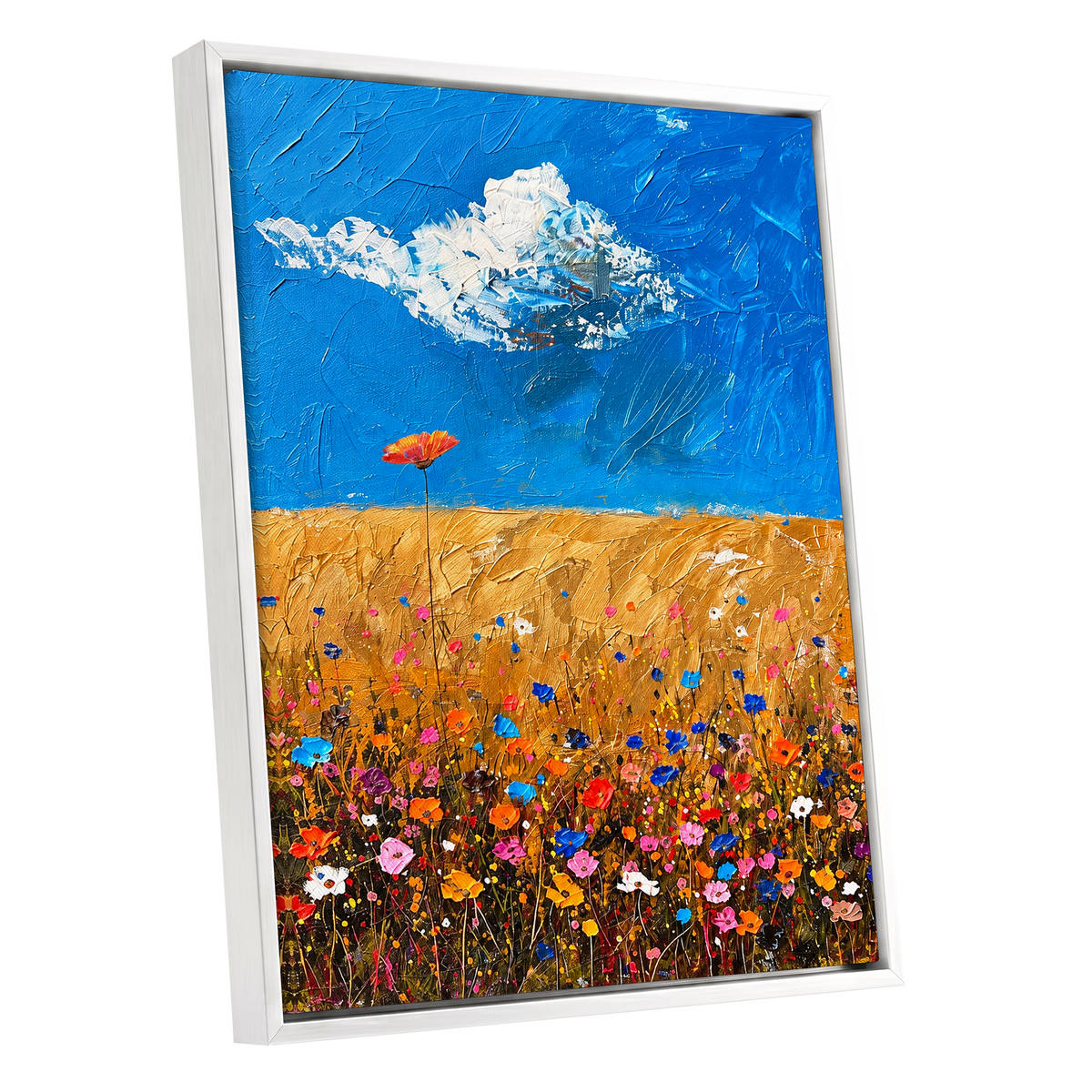 Wildflowers Under Azure, blue, gold, pink floral wall art shown as a white framed canvas wall art