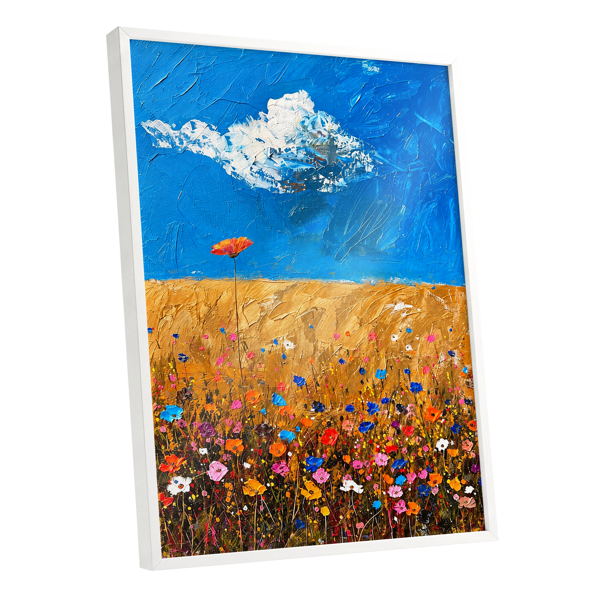 Wildflowers Under Azure, blue, gold, pink floral wall art shown as a white framed poster wall art print