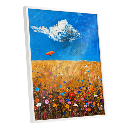Wildflowers Under Azure, blue, gold, pink floral wall art shown as a white framed poster wall art print