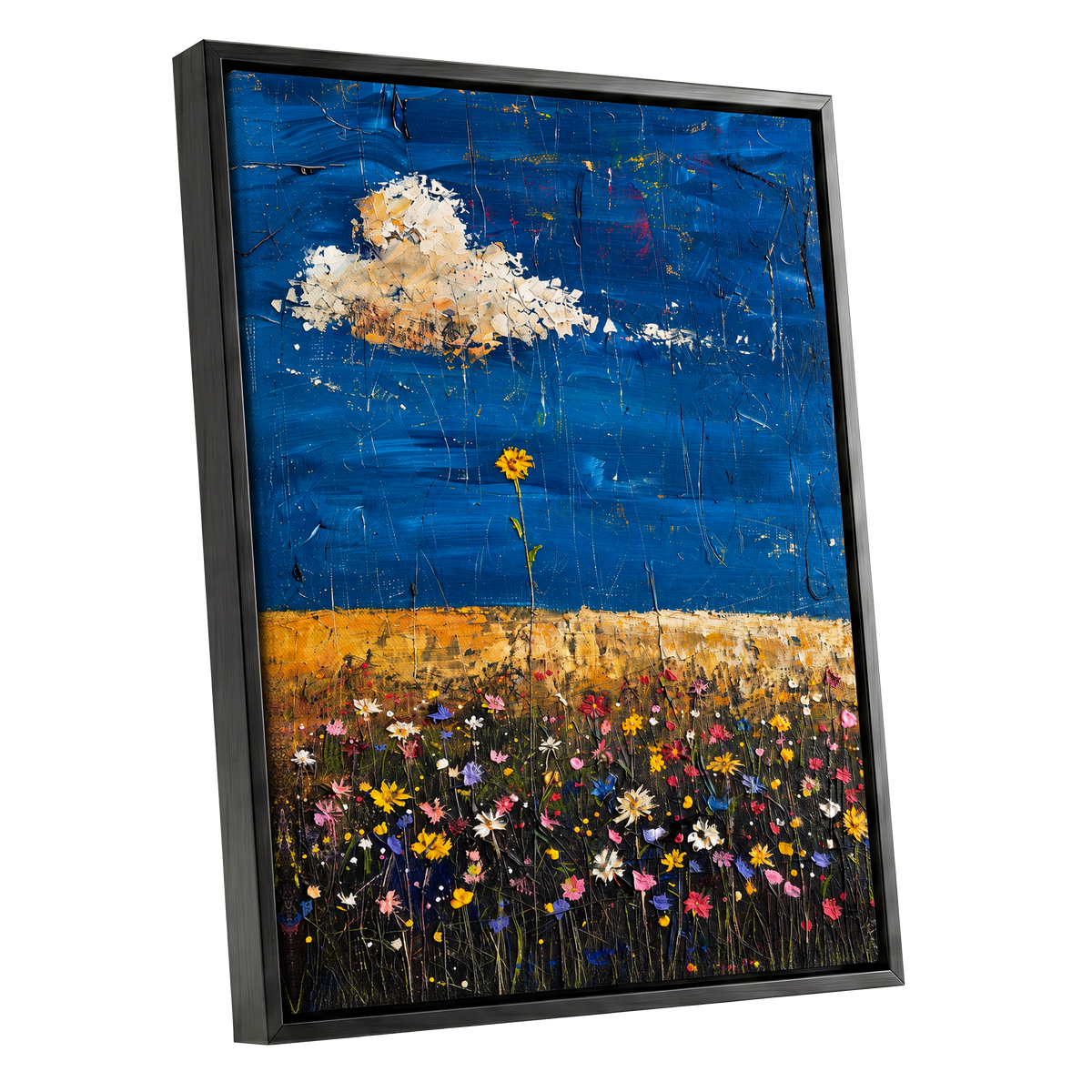 Wildflowers Under Cobalt, blue, black, yellow floral wall art shown as a black framed canvas wall art