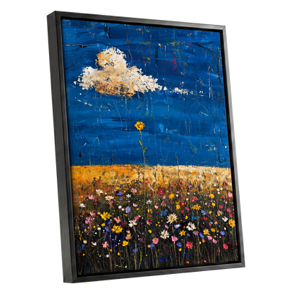 Wildflowers Under Cobalt, blue, black, yellow floral wall art shown as a black framed canvas wall art