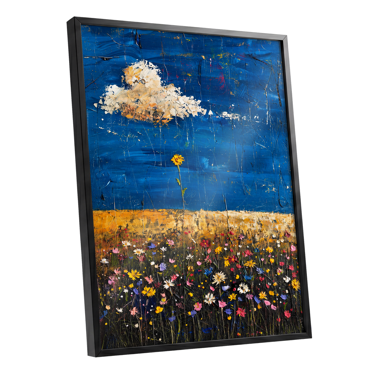 Wildflowers Under Cobalt, blue, black, yellow floral wall art shown as a black framed poster wall art print