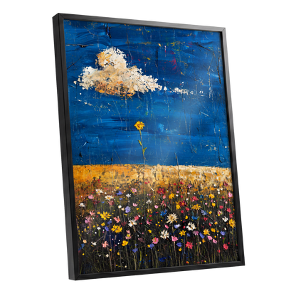 Wildflowers Under Cobalt, blue, black, yellow floral wall art shown as a black framed poster wall art print