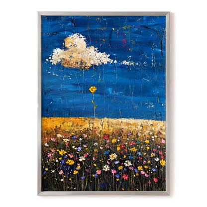 Wildflowers Under Cobalt, blue, black, yellow floral wall art, front artwork view