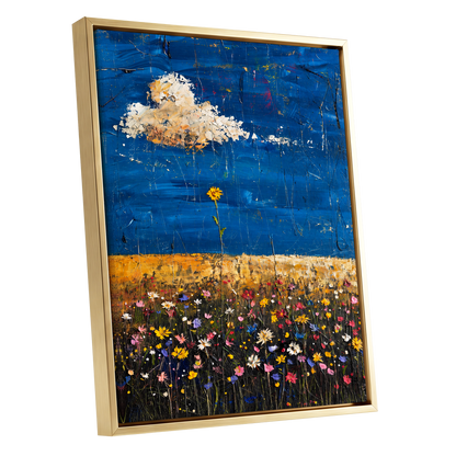 Wildflowers Under Cobalt, blue, black, yellow floral wall art shown as a gold framed canvas wall art