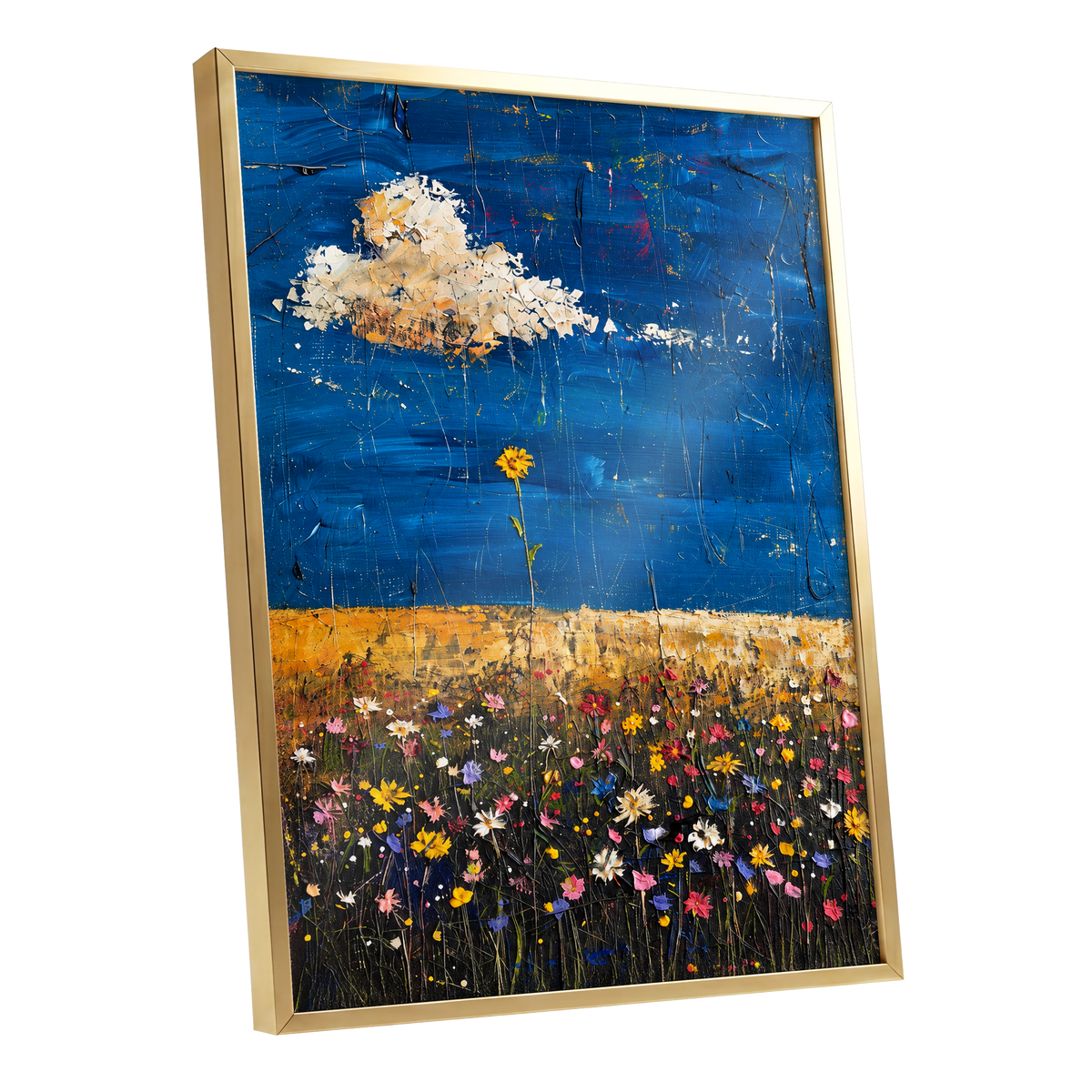 Wildflowers Under Cobalt, blue, black, yellow floral wall art shown as a gold framed poster wall art print