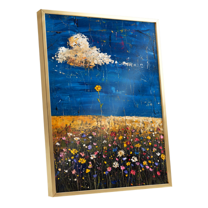 Wildflowers Under Cobalt, blue, black, yellow floral wall art shown as a gold framed poster wall art print