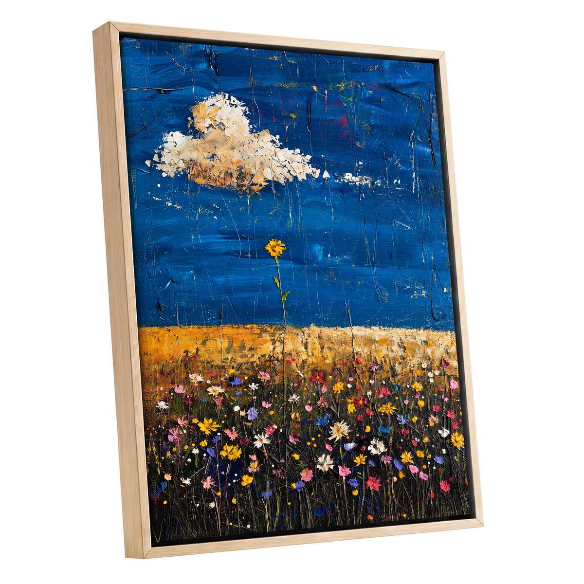 Wildflowers Under Cobalt, blue, black, yellow floral wall art shown as a oak framed canvas wall art