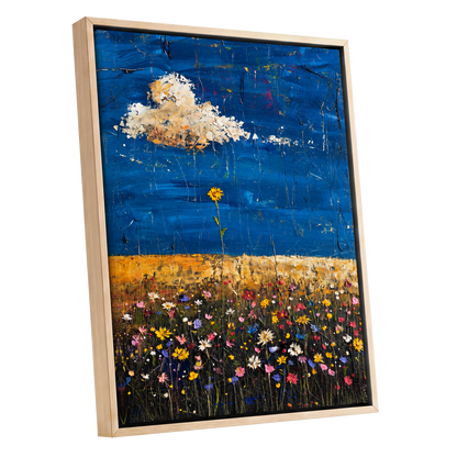 Wildflowers Under Cobalt, blue, black, yellow floral wall art shown as a oak framed canvas wall art