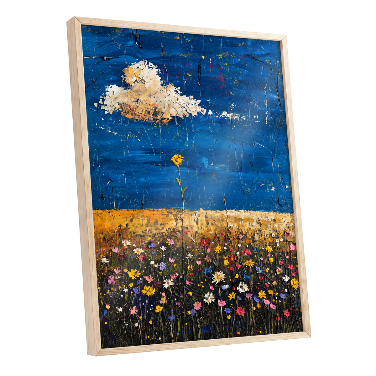 Wildflowers Under Cobalt, blue, black, yellow floral wall art shown as a oak framed poster wall art print