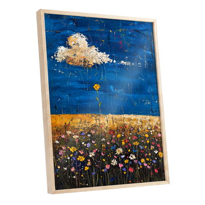Wildflowers Under Cobalt, blue, black, yellow floral wall art shown as a oak framed poster wall art print