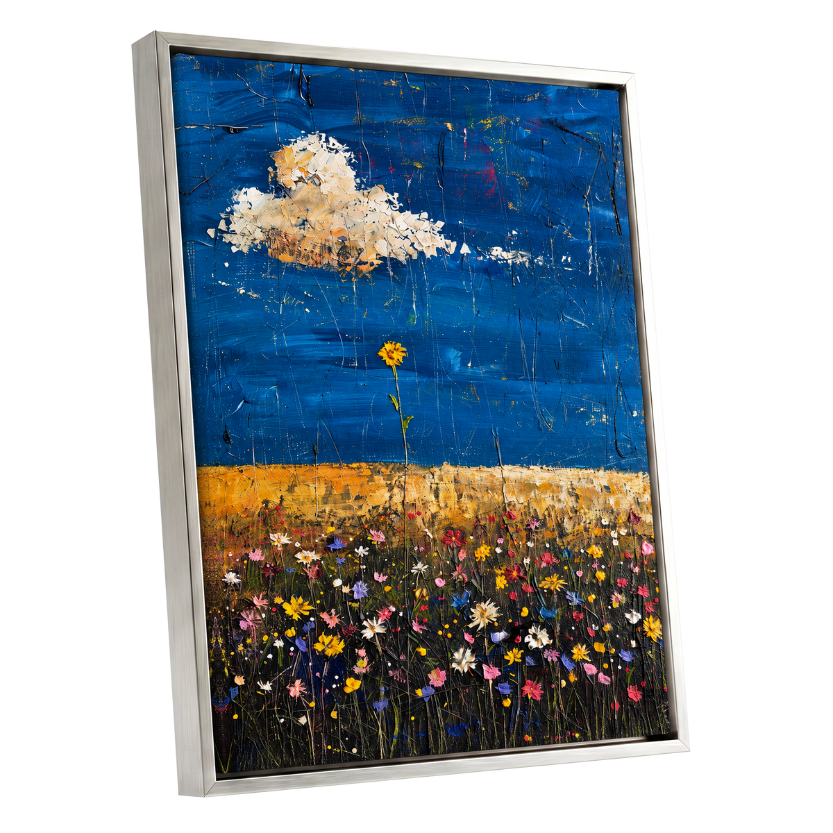 Wildflowers Under Cobalt, blue, black, yellow floral wall art shown as a silver framed canvas wall art