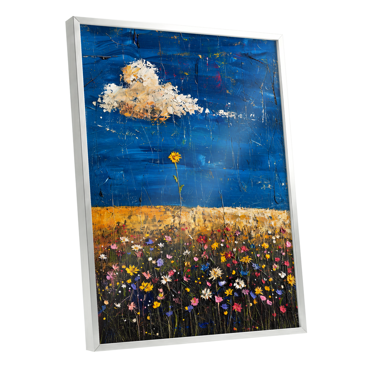 Wildflowers Under Cobalt, blue, black, yellow floral wall art shown as a silver framed poster wall art print