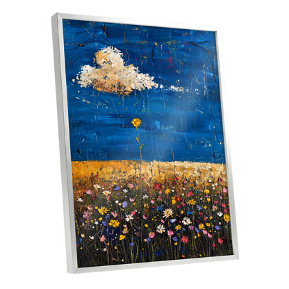 Wildflowers Under Cobalt, blue, black, yellow floral wall art shown as a silver framed poster wall art print