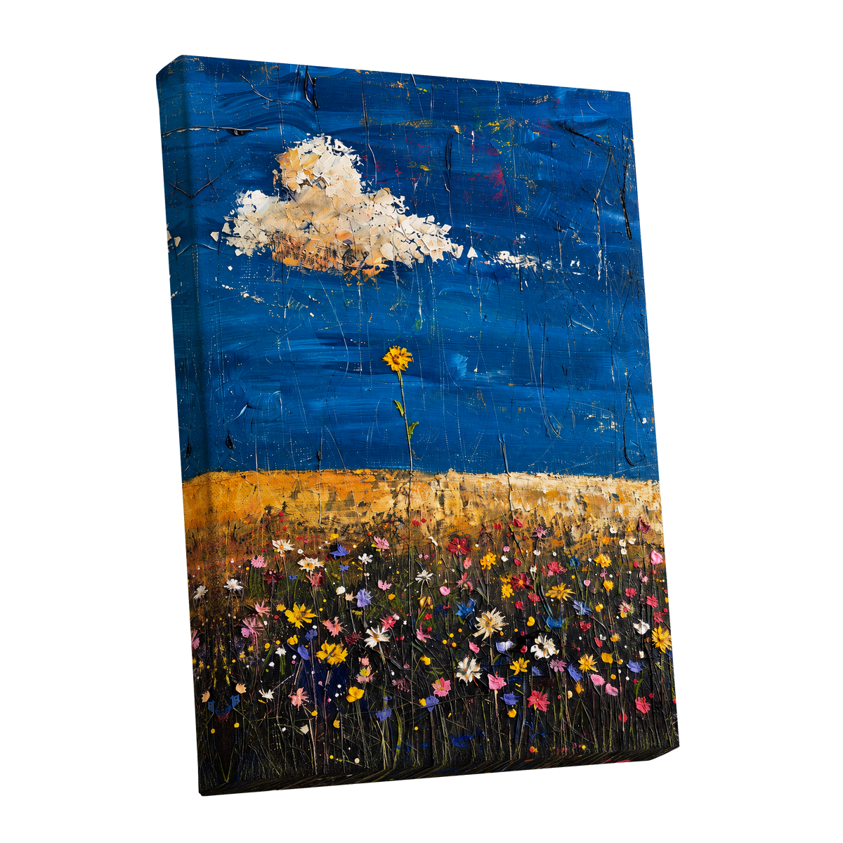 Wildflowers Under Cobalt, blue, black, yellow floral wall art shown as a stretched canvas wall art