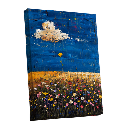 Wildflowers Under Cobalt, blue, black, yellow floral wall art shown as a stretched canvas wall art