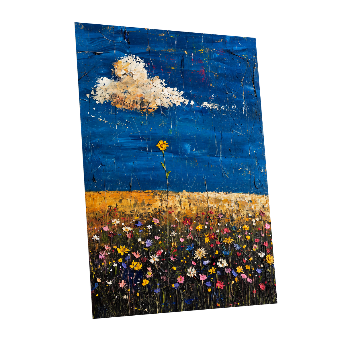 Wildflowers Under Cobalt, blue, black, yellow floral wall art shown as a unframed poster wall art print