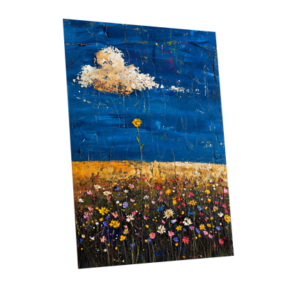 Wildflowers Under Cobalt, blue, black, yellow floral wall art shown as a unframed poster wall art print