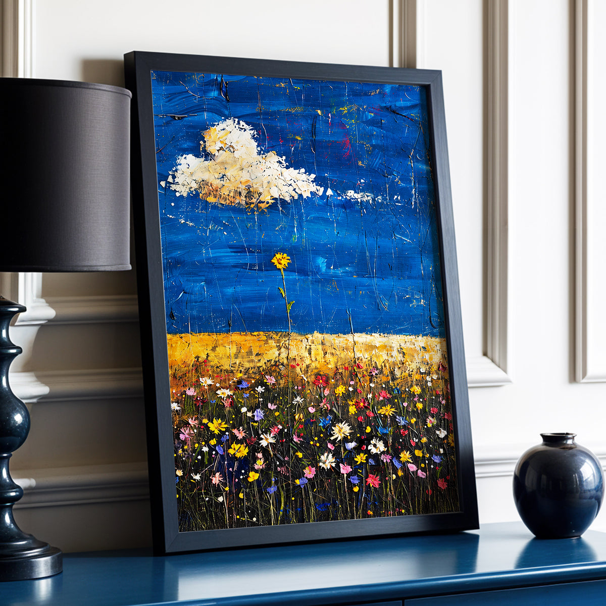Wildflowers Under Cobalt, blue, black, yellow floral wall art displayed in a styled interior, gallery view 2