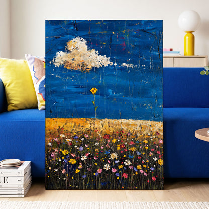 Wildflowers Under Cobalt, blue, black, yellow floral wall art displayed in a styled interior, gallery view 3
