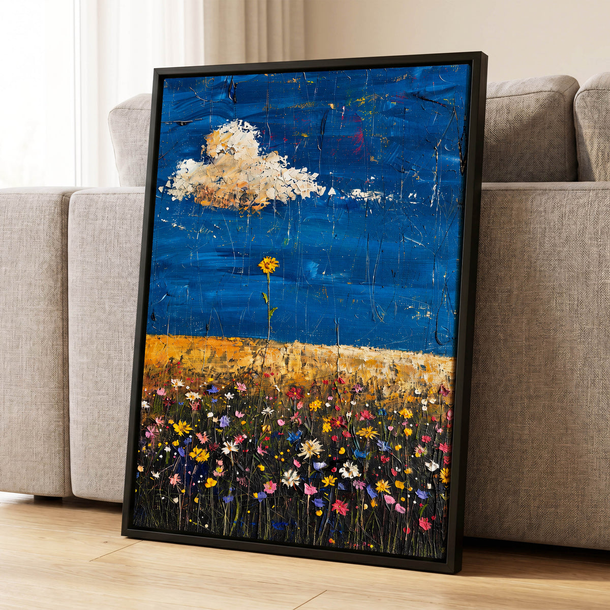Wildflowers Under Cobalt, blue, black, yellow floral wall art displayed in a styled interior, gallery view 4