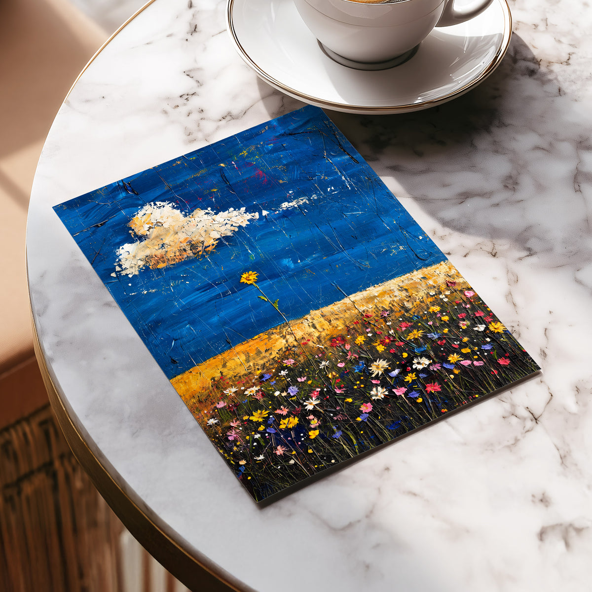 Wildflowers Under Cobalt, blue, black, yellow floral wall art displayed in a styled interior, gallery view 5