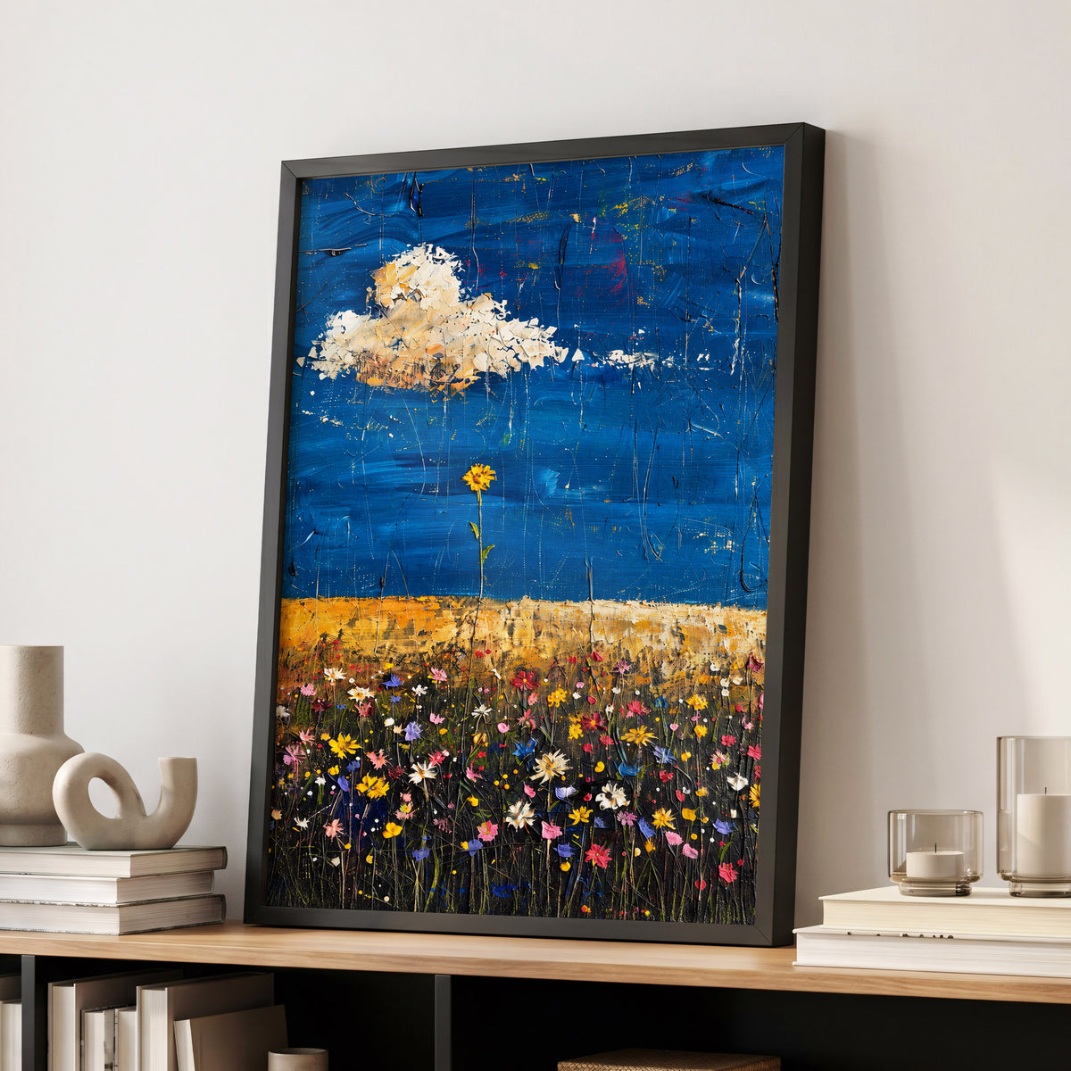 Wildflowers Under Cobalt, blue, black, yellow floral wall art displayed in a styled interior, gallery view 6