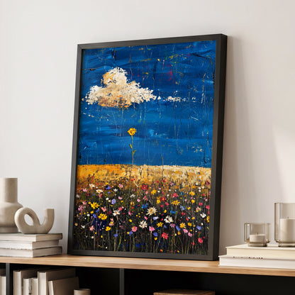 Wildflowers Under Cobalt, blue, black, yellow floral wall art displayed in a styled interior, gallery view 6