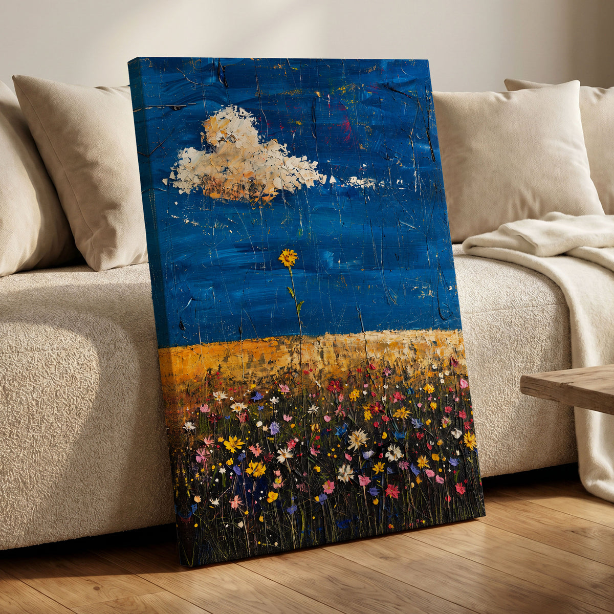 Wildflowers Under Cobalt, blue, black, yellow floral wall art displayed in a styled interior, gallery view 7