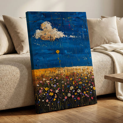 Wildflowers Under Cobalt, blue, black, yellow floral wall art displayed in a styled interior, gallery view 7