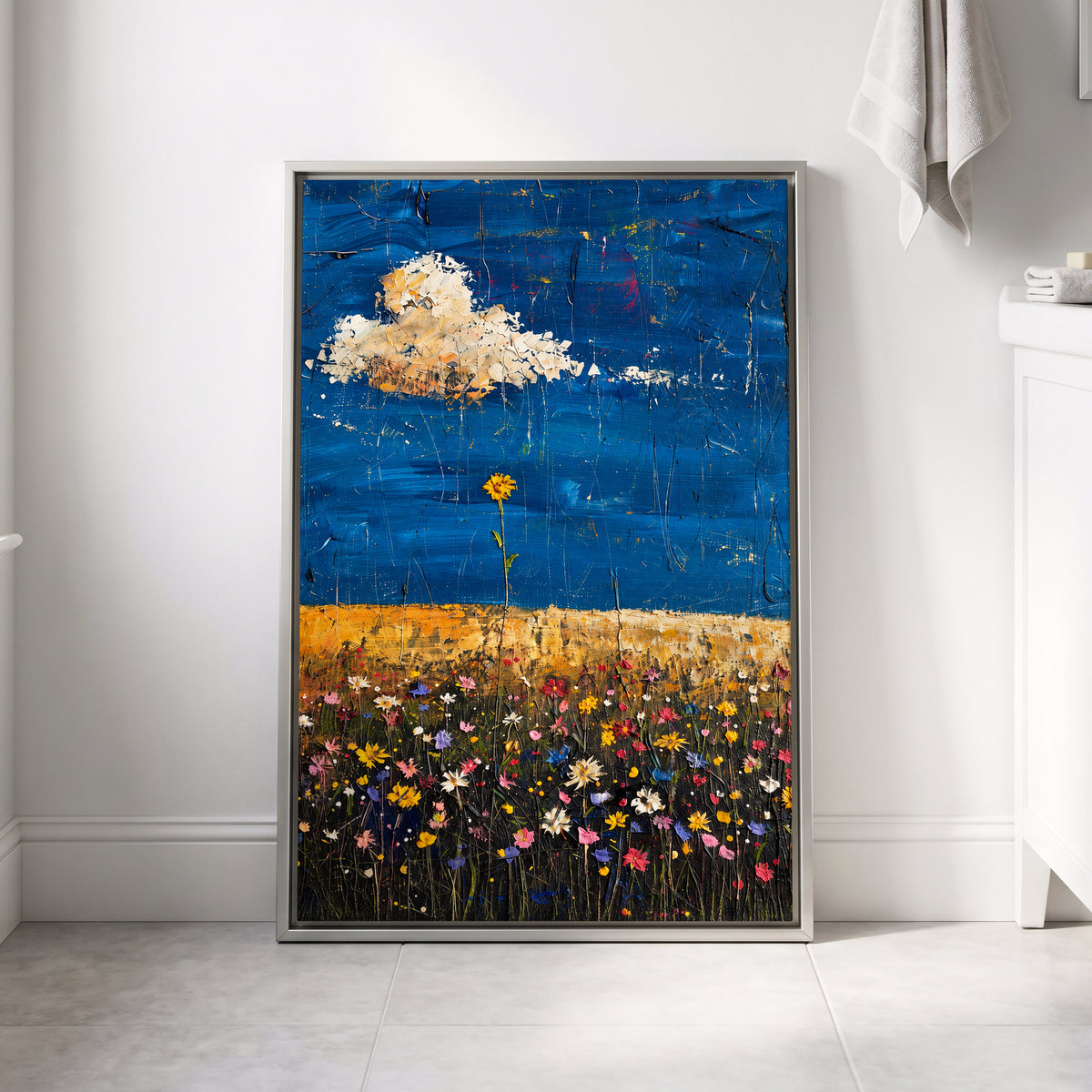 Wildflowers Under Cobalt, blue, black, yellow floral wall art displayed in a styled interior, gallery view 8
